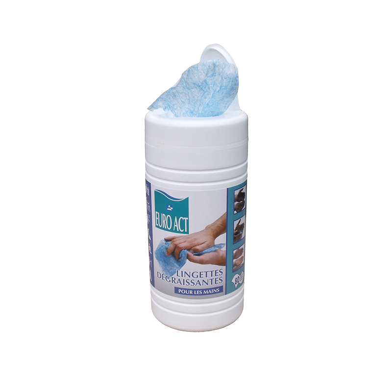 Pot de 80 lingettes dégraissantes pour le nettoyage des mains. 1